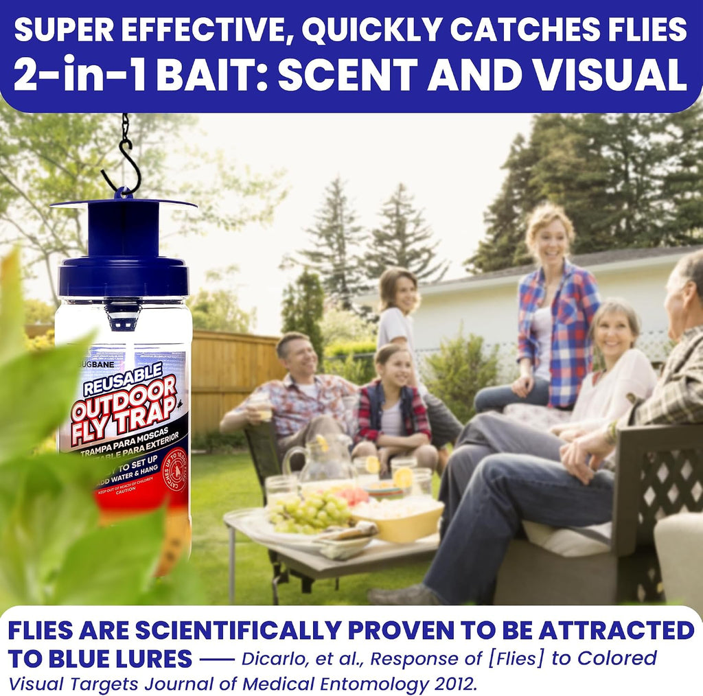 2 Fly Traps Outdoor Fly Trap for Patio with 4 Non-Toxic Dissolvable Bait Refills. Reusable Hanging Bug Catcher Killer for All Filth Flies for Outside Bug Control Yard Ranch. Hanging Chains Included.