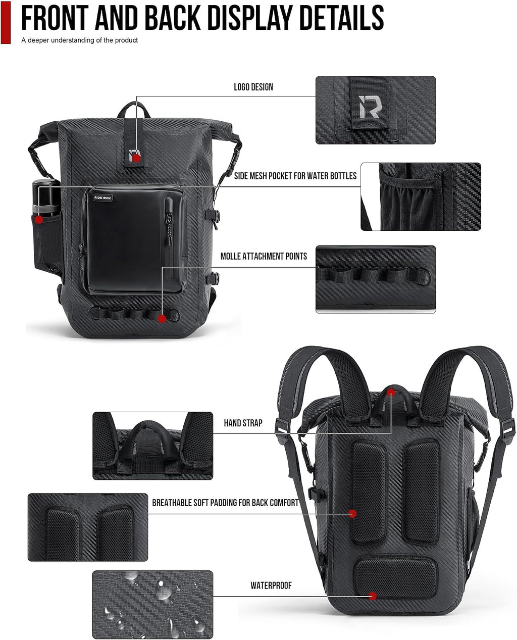 RIDEIRON Waterproof Backpack, Motorcycle Dry Bag with Roll Top Closure 35L