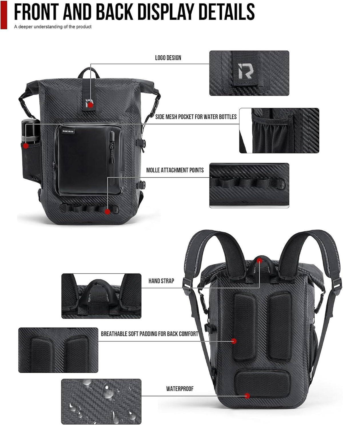 RIDEIRON Waterproof Backpack, Motorcycle Dry Bag with Roll Top Closure 35L