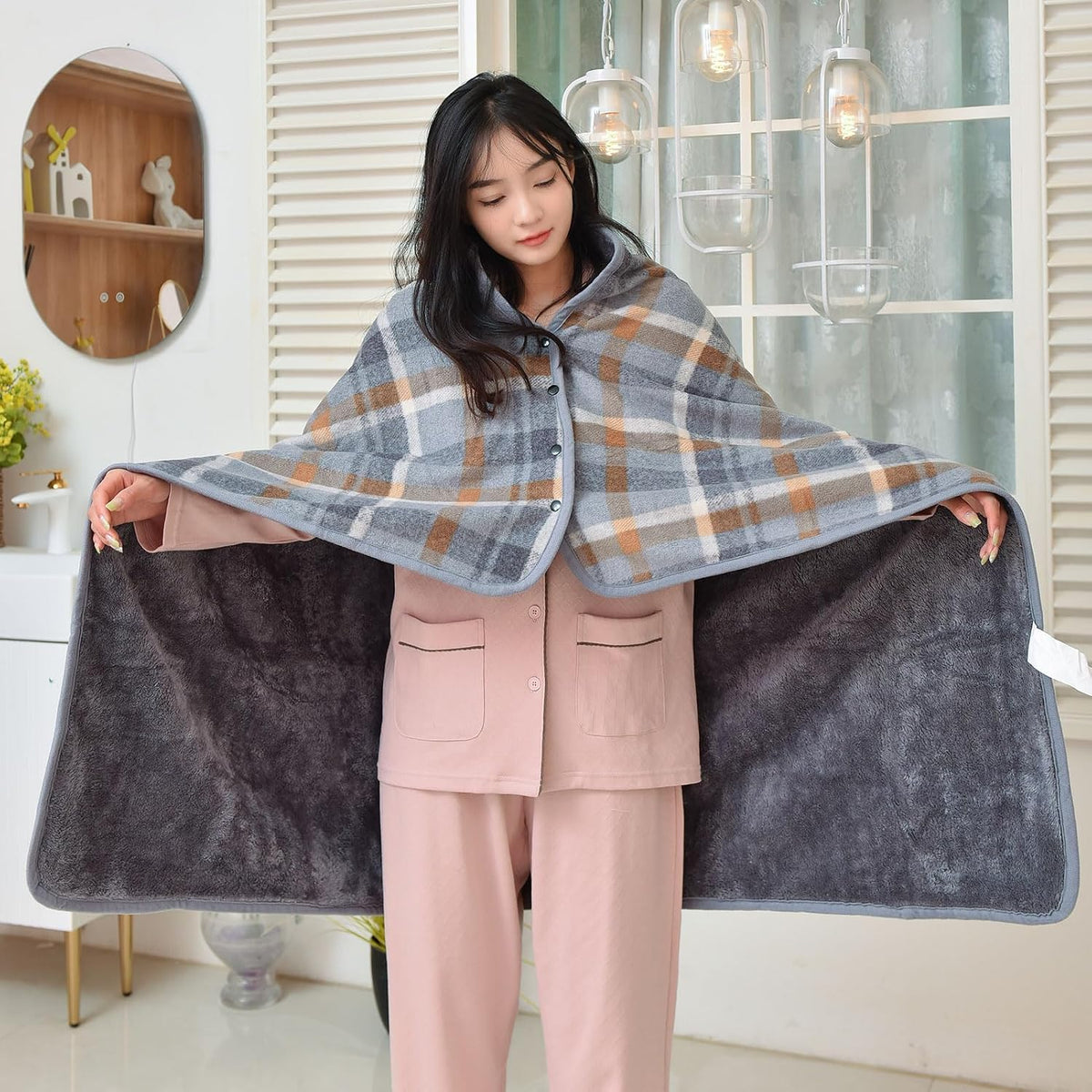 forestfish Fleece Wearable Blanket Oversized, Comfy Lightweight Lap Blanket Poncho Throw With Buttons, 63“x 55” (Grey, Medium(55”x39”))