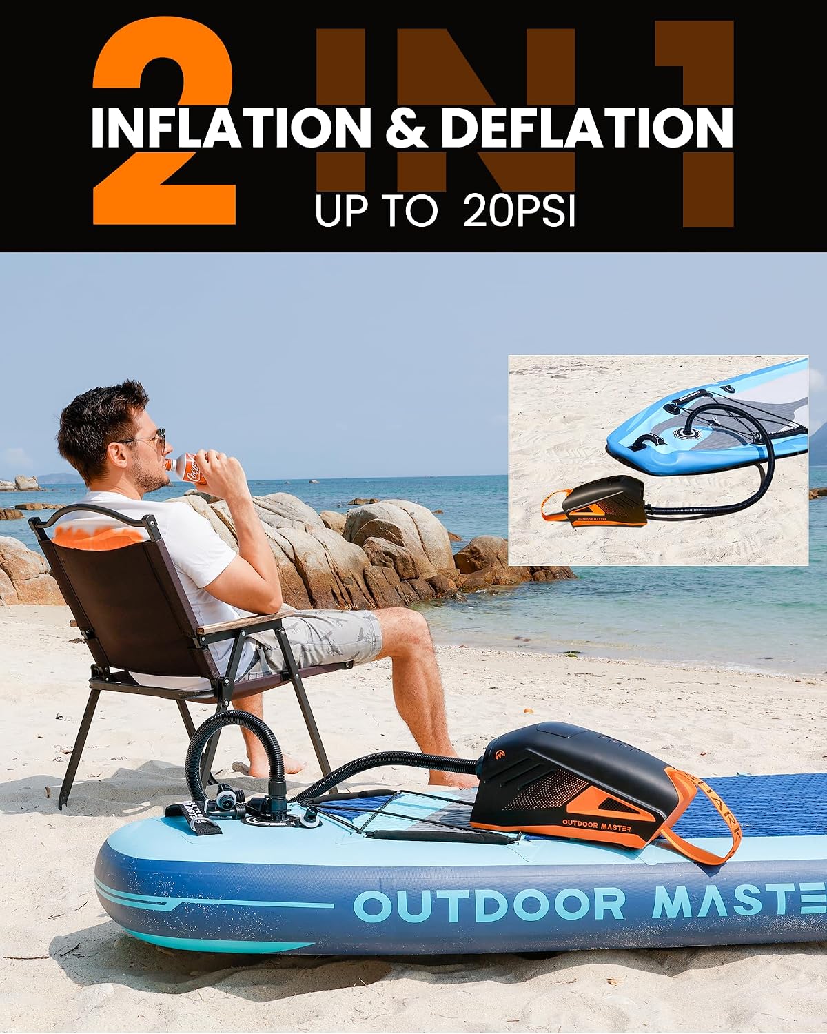 OutdoorMaster Shark 3 Paddle Board Pump Electric 74Wh- 3'50" Fast Inflation