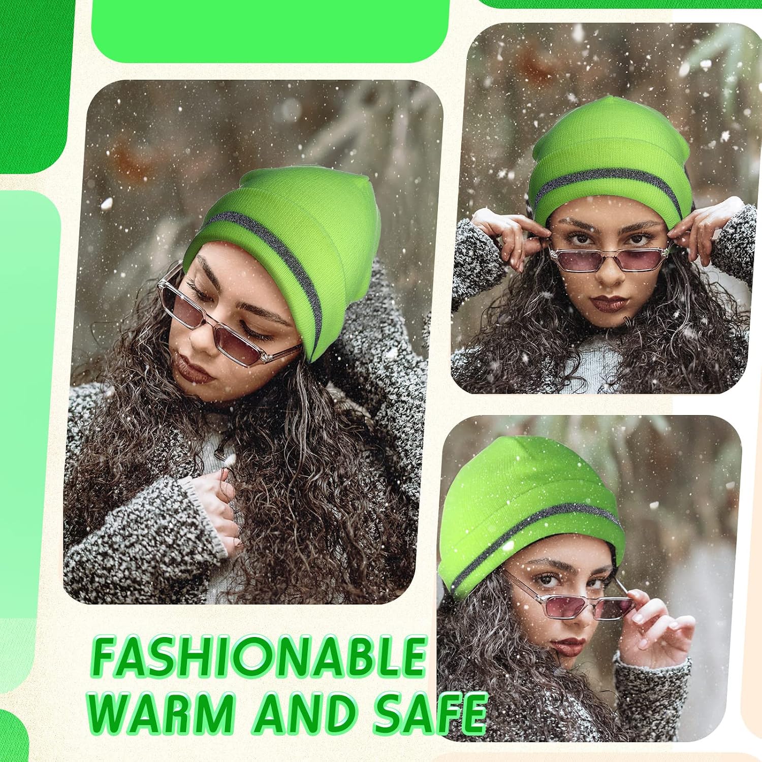 Reflective Knit Hat Safety Beanies Adult High Visibility Beanie Neon Winter Knit Caps with Reflective Stripe