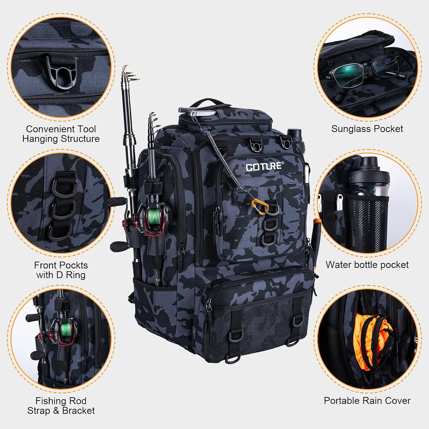Goture 40L Camouflage Fishing Tackle Backpack w/Cooler &fishing tackle box