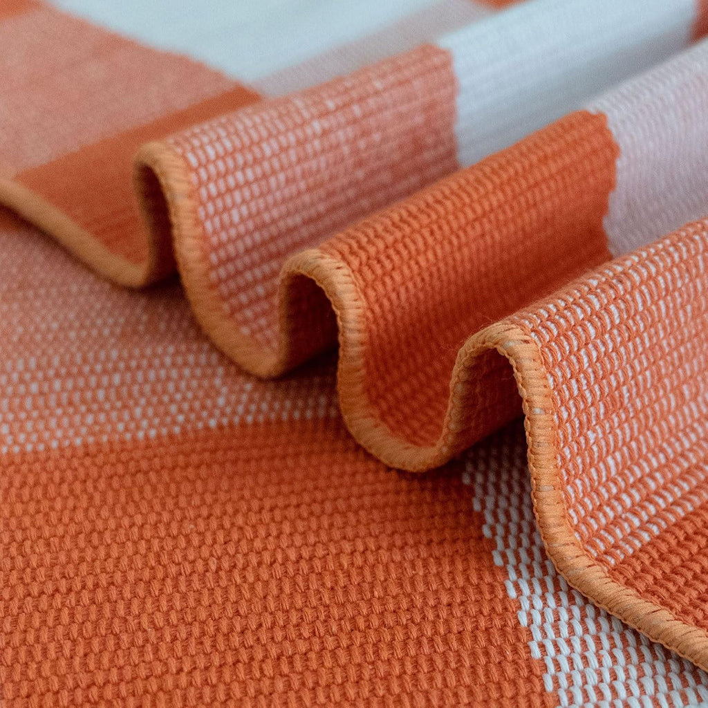 Fall Outdoor Rug Orange Buffalo Plaid Outdoor Rug Cotton Hand-Woven Buffalo Check Rug Layered Doormats for Front Door/Front Porch/Farmhouse/Entryway/Patio(Orange and White Plaid, 3' x 5')