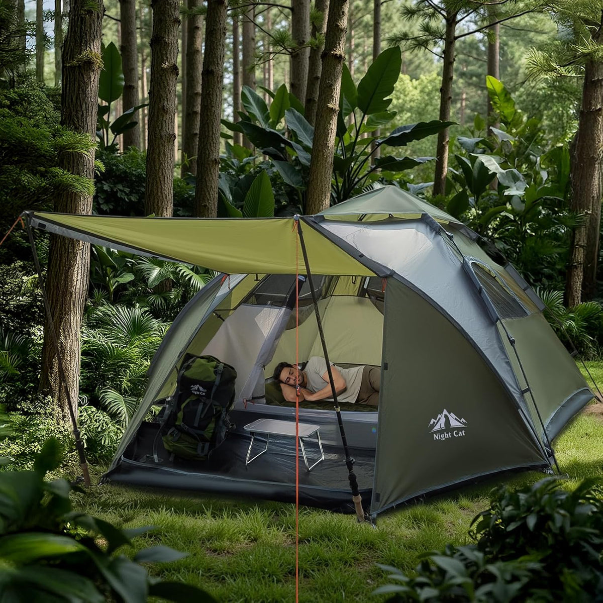 Night Cat Pop Up Tent 2-3 Persons Instant Set Up Tent with Footprint Tarp & Porch, Automatic Double Layer Waterproof Camping Tent with Rainfly
