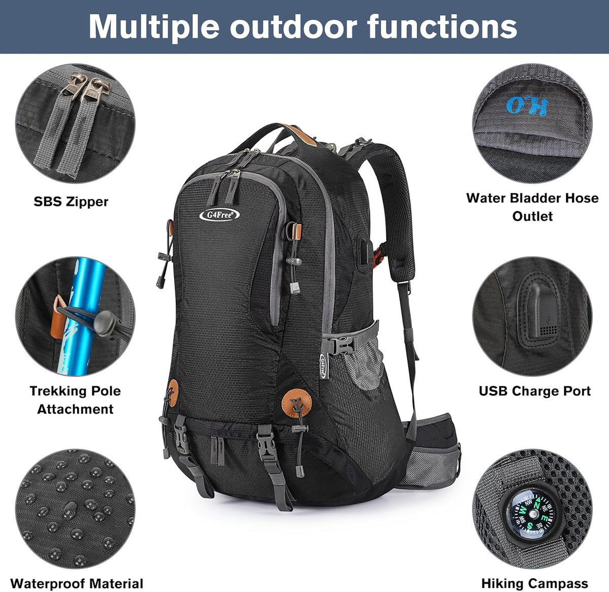 G4Free 50L Hiking Backpack Waterproof Daypack Outdoor Camping Climbing Backpack with Rain Cover for Men Women