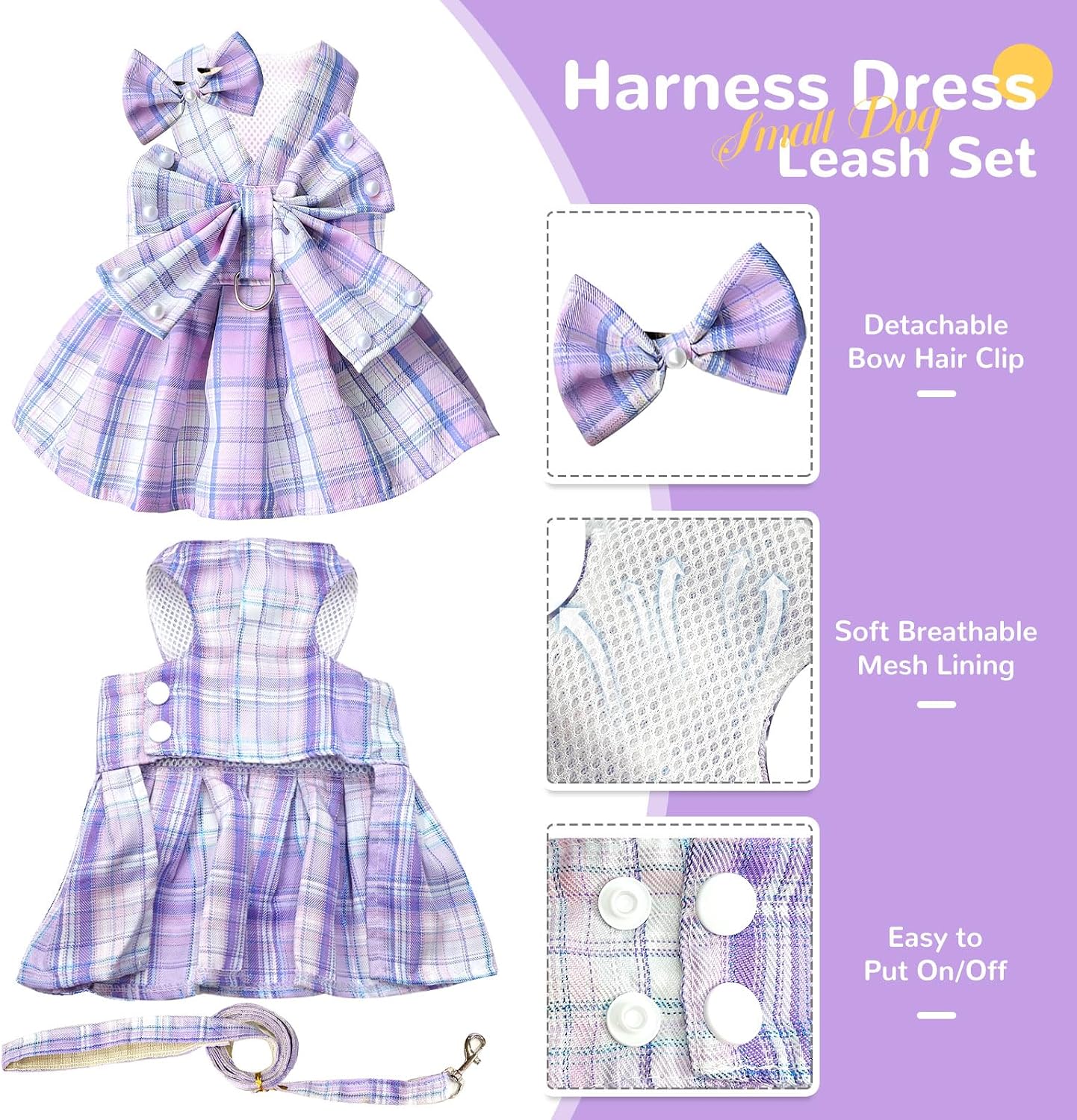 PETCARE Cute Dog Dress Clothes for Small Dogs Cats Girl Female Purple Plaid Bow Tie Dog Harness Dresses Leash Set with Pearls Bow Accessories Birthday Puppy Dress Shih Tzu Yorkies Chihuahua Outfits