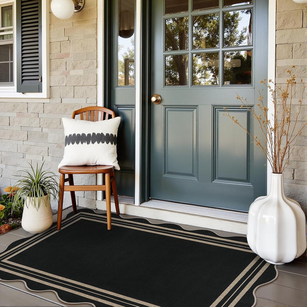 Scalloped Easy Jute 3x5 Front Door Mat, Washable Rugs for Entryway Black Outdoor Patio Rug, Farmhouse Neutral Non Slip Indoor Carpet for Porch Backyard