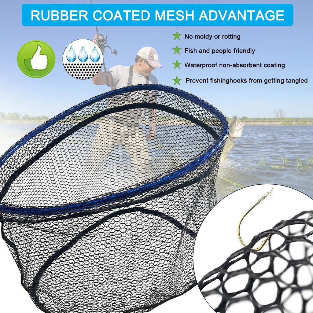 LBW Collapsible Fishing Net with Handle, Folding Kayak Net for Freshwater or Saltwater, Trout Catfish Bass Compact Rubber Landing Net