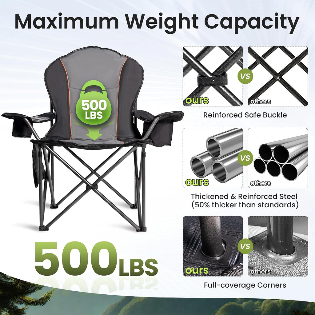 2 Pack Folding Camping Chairs for Adults - High Back Padded Outdoor Lawn Chairs with Lumbar Support & Cup Holder, 500lbs Heavy Duty Portable Camping Chairs Set (Black & Gray, 2 PCS)