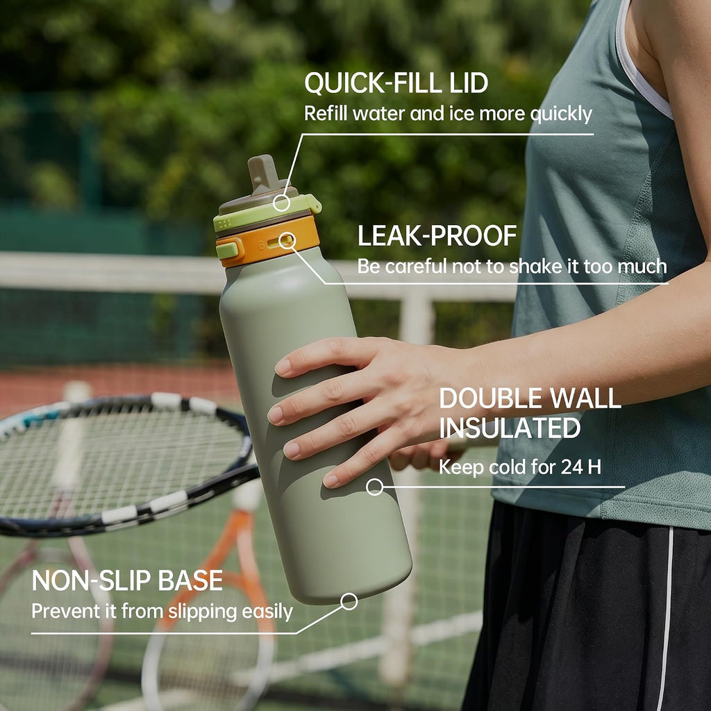 Fijinhom 24 oz Insulated Water Bottle, 2-in-1 Stainless Steel with Straw and Spout, Leak Proof,Fits in Car Cup Holder, 304 Stainless Steel with Wide Mouth, Great for Sports, Travel, Work (Green)