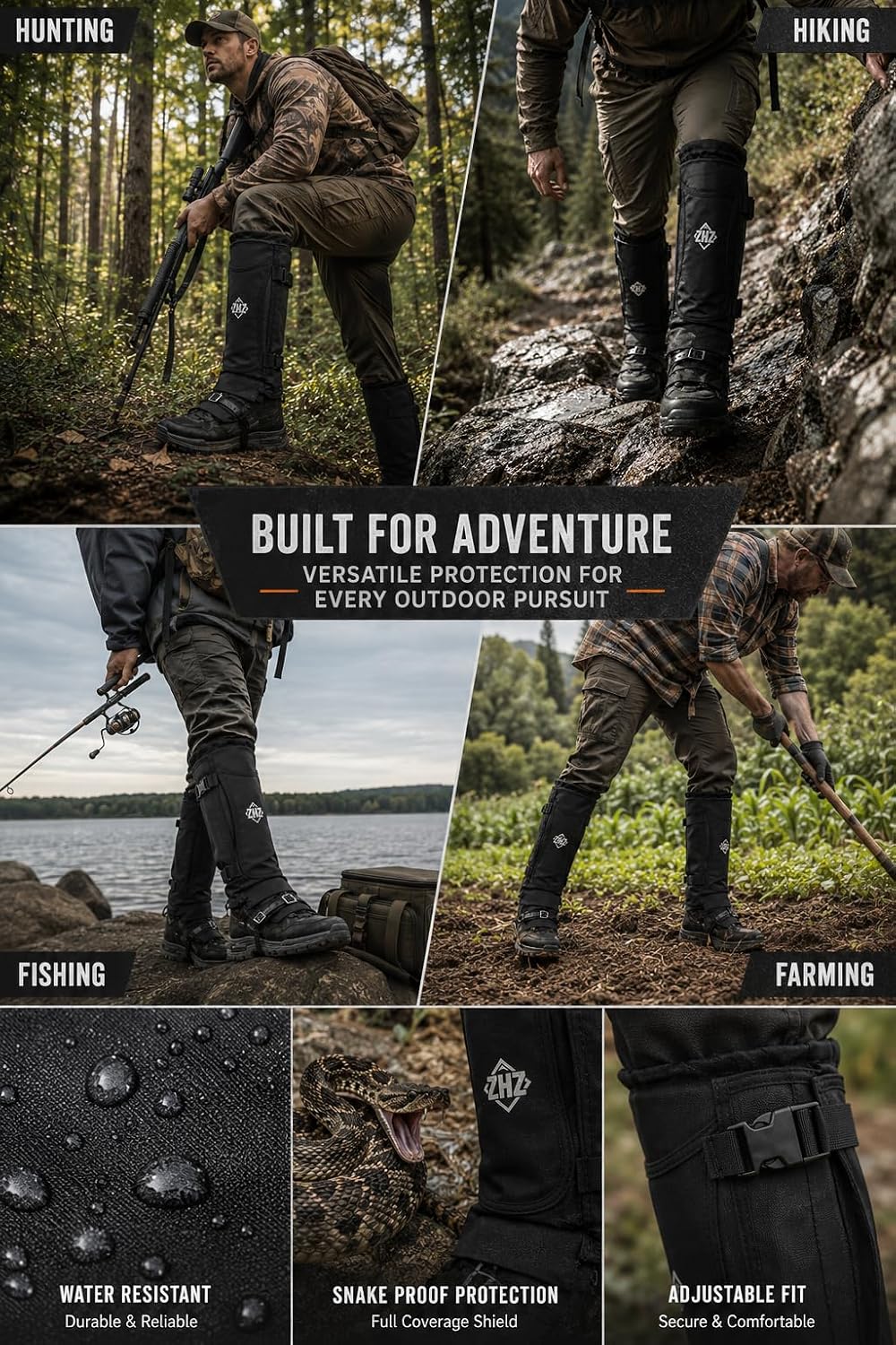 ZHZ Snake Gaiters, Durable Waterproof Snake Chaps for Lower Leg Protection, Adjustable Snake Guards for Men & Women, Ideal for Hiking, Camping & Farm Work