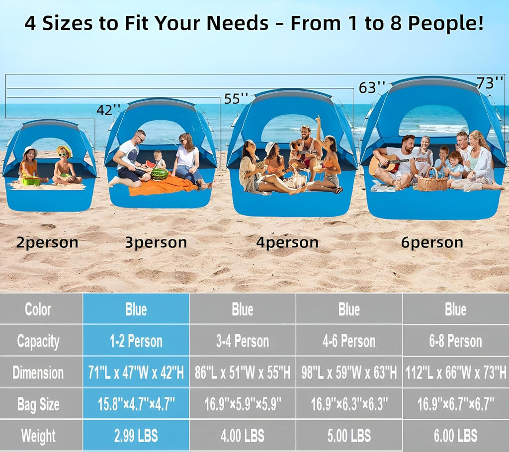 Beach Tent, Portable Sun Shelter for 2/3/4/6-8 Person with UPF 50+ UV Protection, Easy Setup Waterproof Beach Shade Canopy Cabana for Family Outdoor and Picnics, Fishing with Carrying Bag