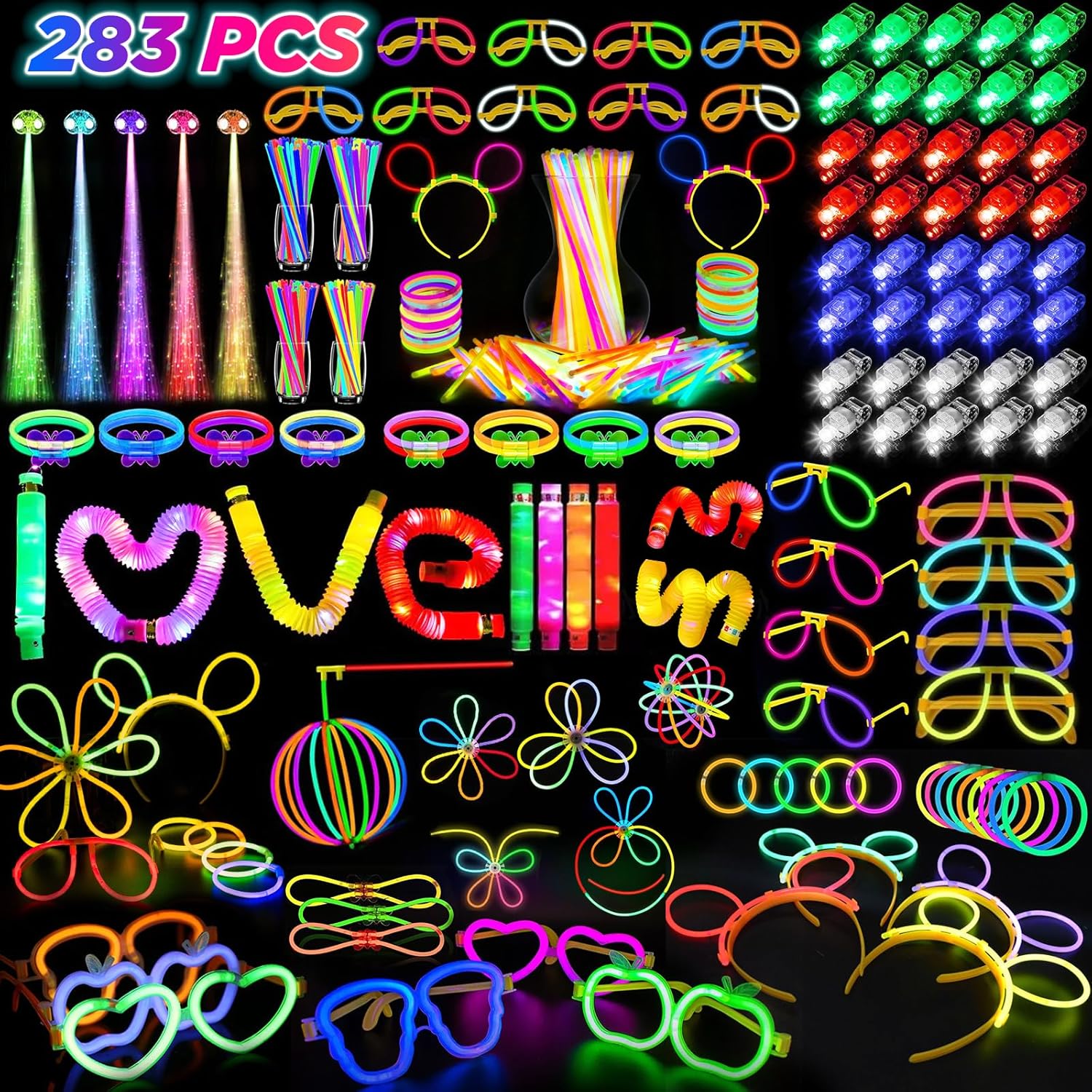 SHQDD Party Supplies, Glow in the Dark Party Favors for Adults Kids, 27 Carnival Accessories, 56 LED Light Up Toys Bulk, 100 Glow Sticks Party Pack, Neon Party Supplies & Decorations