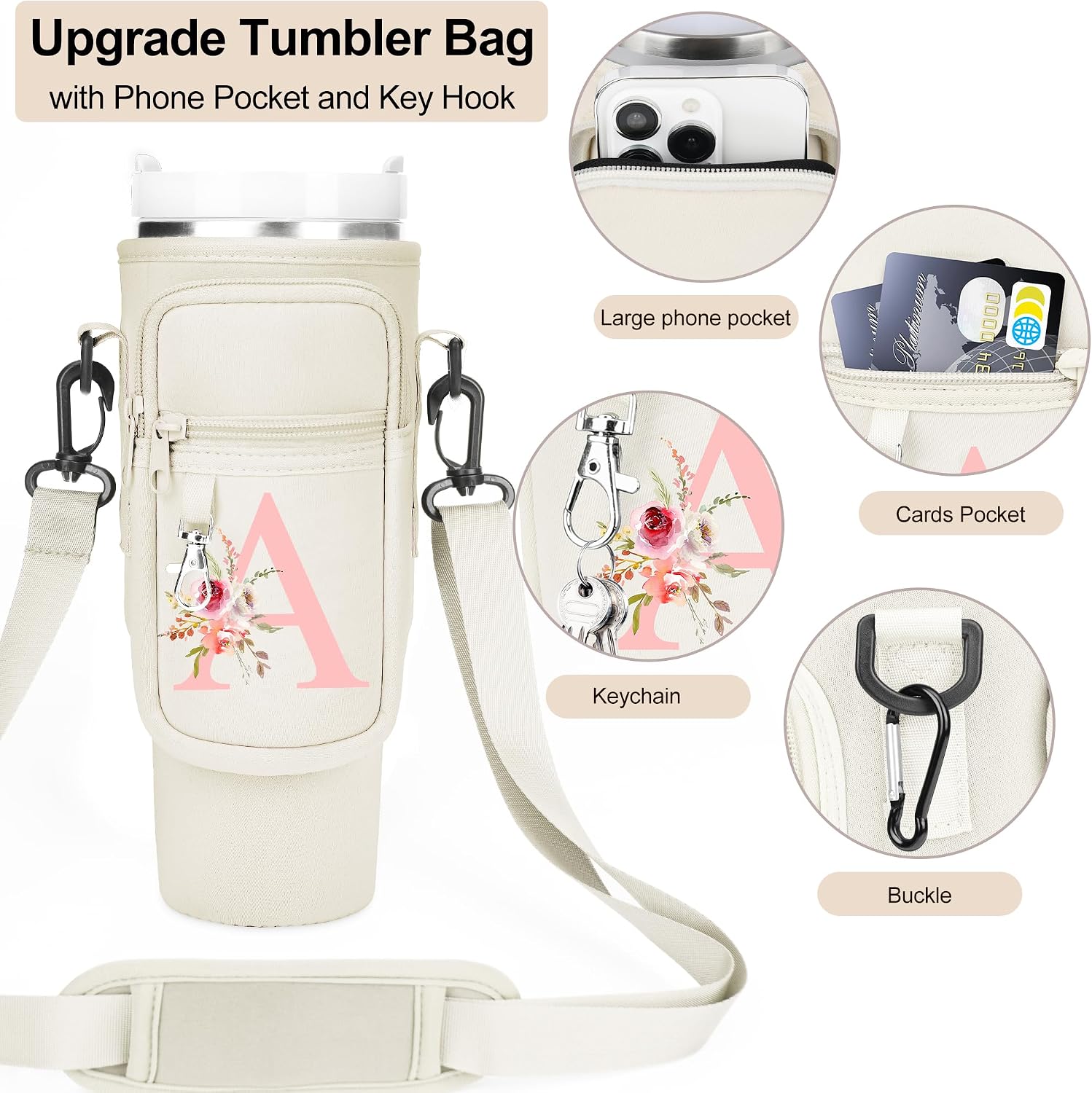 Initial Water Bottle Holder with Strap for Stanley Cup Accessories 40 oz/Simple Modern Tumbler, Birthdays for Women Girls, Water Bottle Carrier Bag with Phone Pocket,Hiking Walking Gym Camping