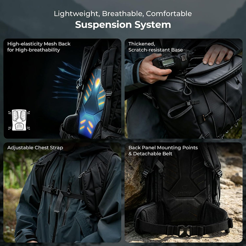 LEOFOTO 35L Camera Backpack for Photographer, Lightweight Waterproof Travel Camera Bag for Camera/Drone/15.6" Laptop, Photopraphy Bag with Side Access & Rain Cover, Tripod Compatible, 2.65KG - BLACK