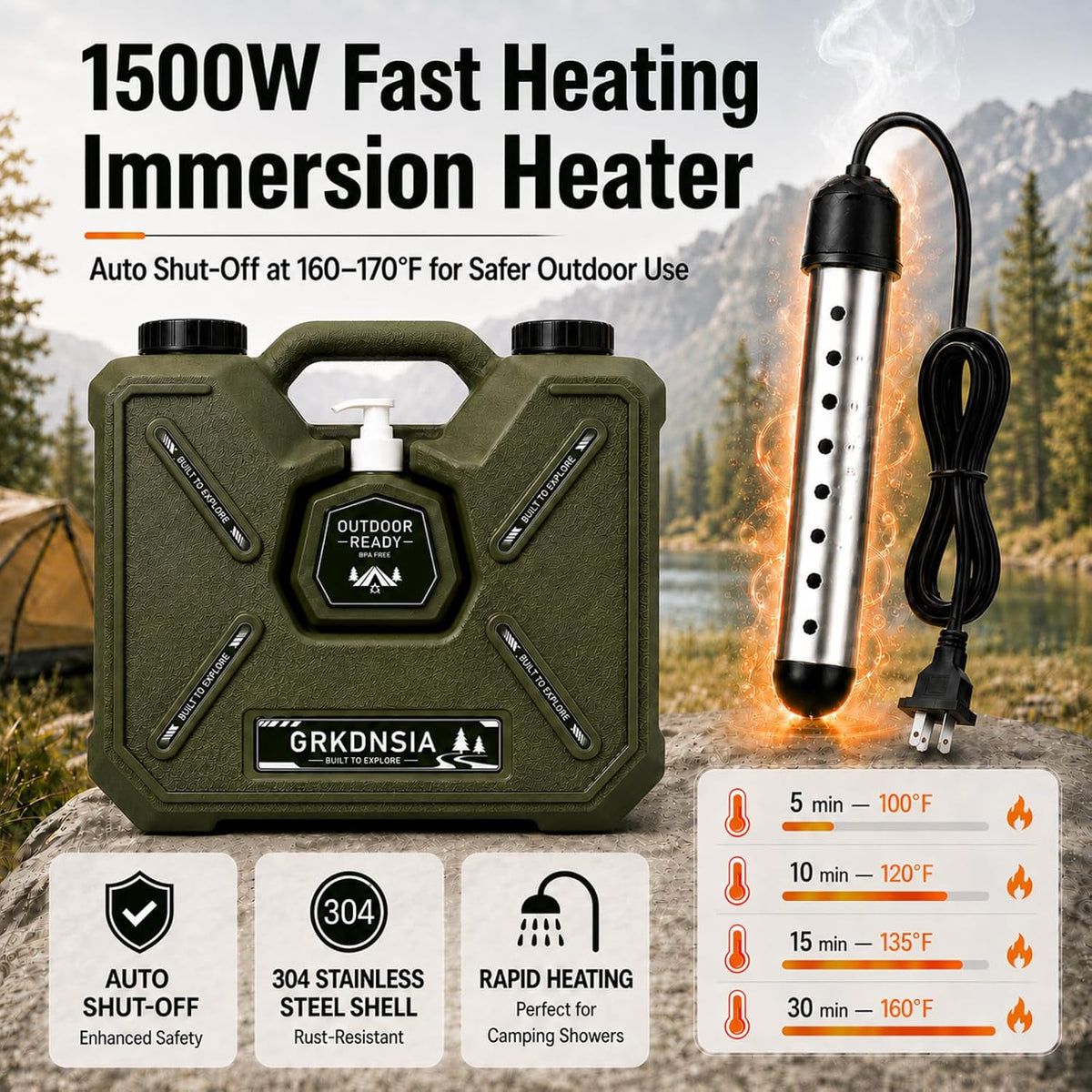 Camping Shower with Heater for USB Solar Charging Panel, Portable Shower Food-Grade Water Jug, 6000mAh Portable Shower Pump, 1500w Immersion Heater with Auto Shut-Off for Outdoor, Camping, Hiking