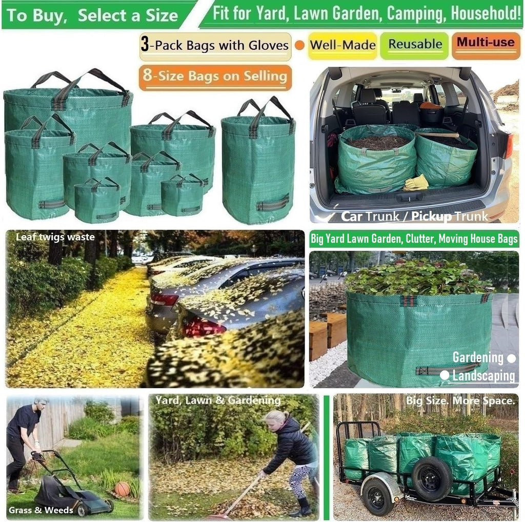 Standard 3-Pack 46 Gallon Lawn Garden Bags Big (D26,H19 in) Yard Waste Bags with Gardening Gloves for Leaf Bag,Yard Debris,Camping Waste,Garden Trash Container,Lawn Grass Clippings,Weeds Bag 4 Handles