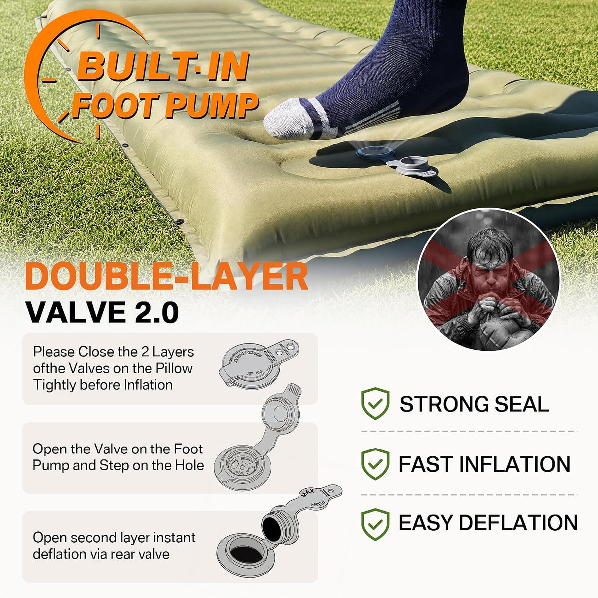 NINTYNINE Camping Sleeping Pad, 5.9" Extra-Thick Reinforced Camping Mat with Built-in Pillow & Foot Pump, Ultralight Compact Inflating Camping Air Mattress for Backpacking Hiking Travel Tent Beach