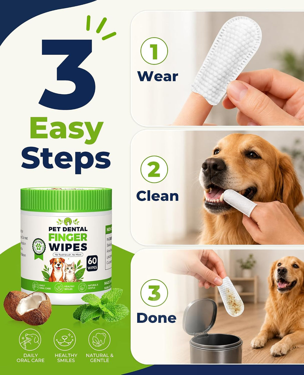 Dog Dental Wipes for Teeth Cleaning, Finger Toothbrush Wipes for Dogs Cats,Dog Teeth Cleaning Wipes Reduce Bad Breath & Plaque Tartar, No-Rinse Daily Oral Care,Dog Toothbrush & Toothpaste Alternatives