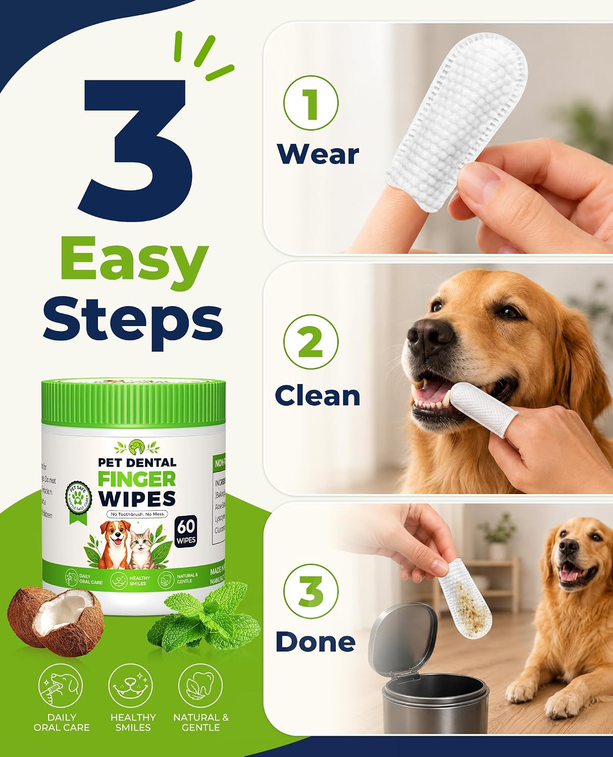 Dog Dental Wipes for Teeth Cleaning, Finger Toothbrush Wipes for Dogs Cats,Dog Teeth Cleaning Wipes Reduce Bad Breath & Plaque Tartar, No-Rinse Daily Oral Care,Dog Toothbrush & Toothpaste Alternatives
