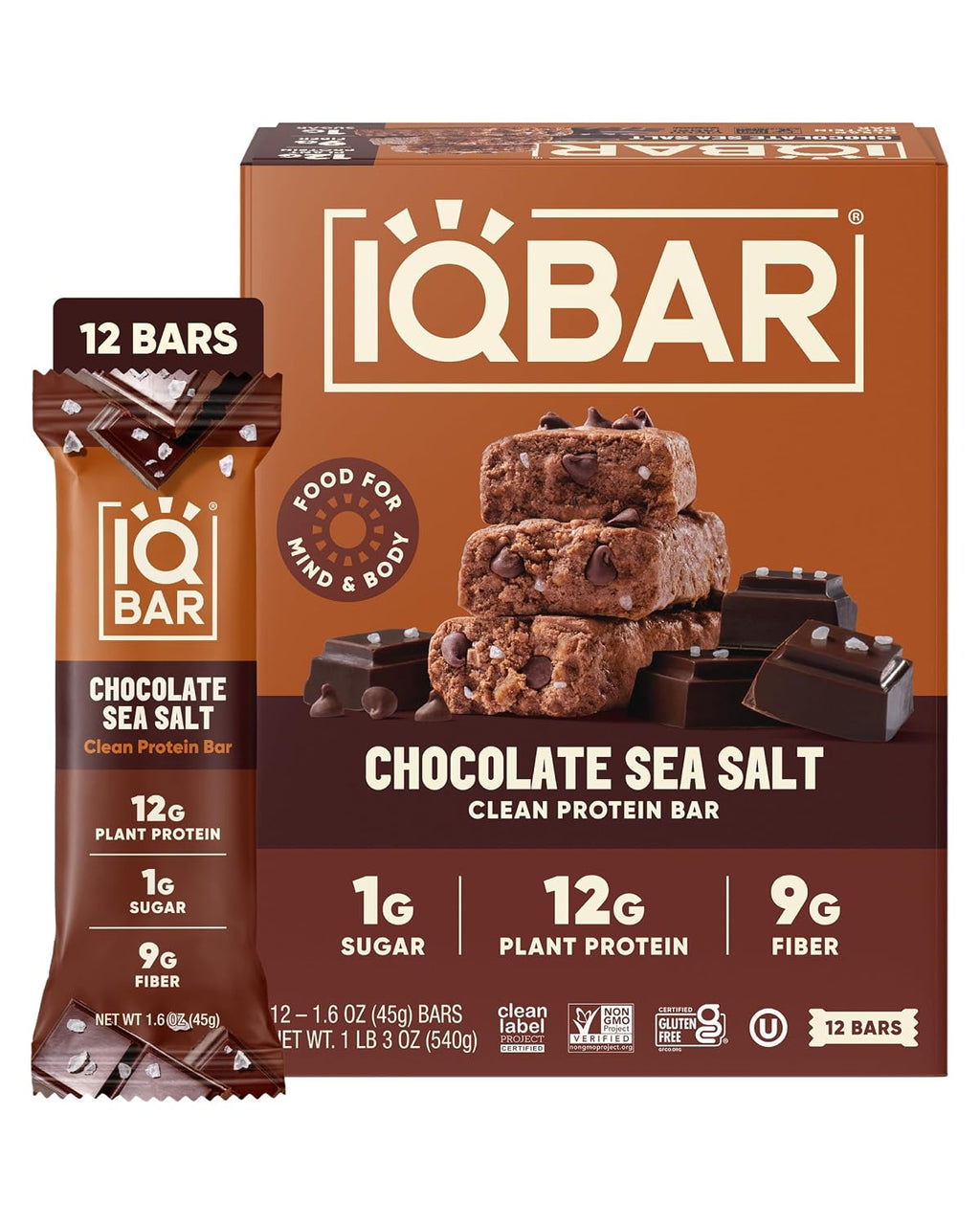 IQBAR Clean Protein Bars, Low Sugar Keto, Almond Butter Chip 12-Count