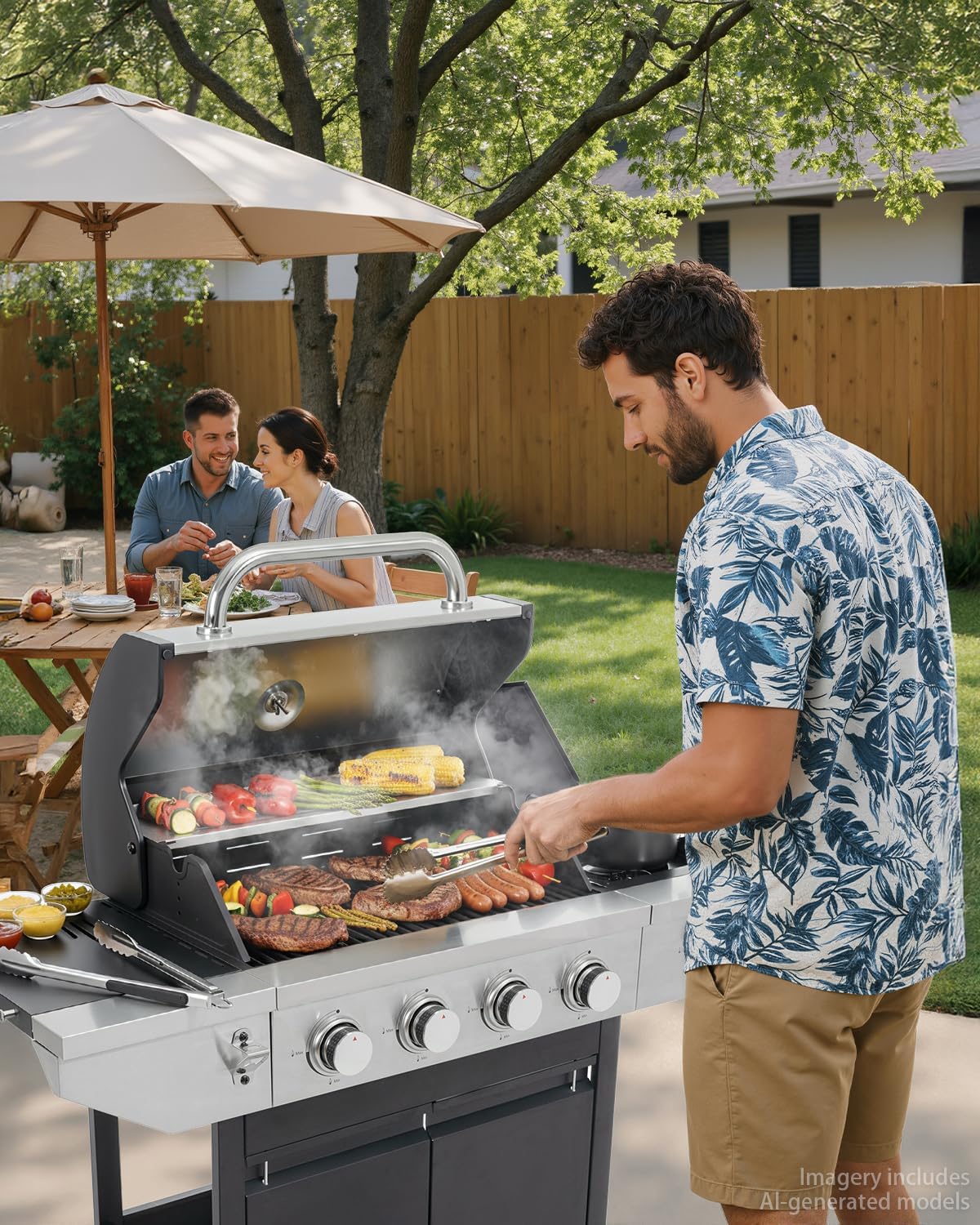 EUHOME 4-Burner Propane Gas BBQ Grill with Side Burner, 46,500 BTU Output Stainless Steel Barbecue Grill with Enameled Cast Iron Grates and Side Tables for Outdoor Cooking Kitchen and Patio Backyard