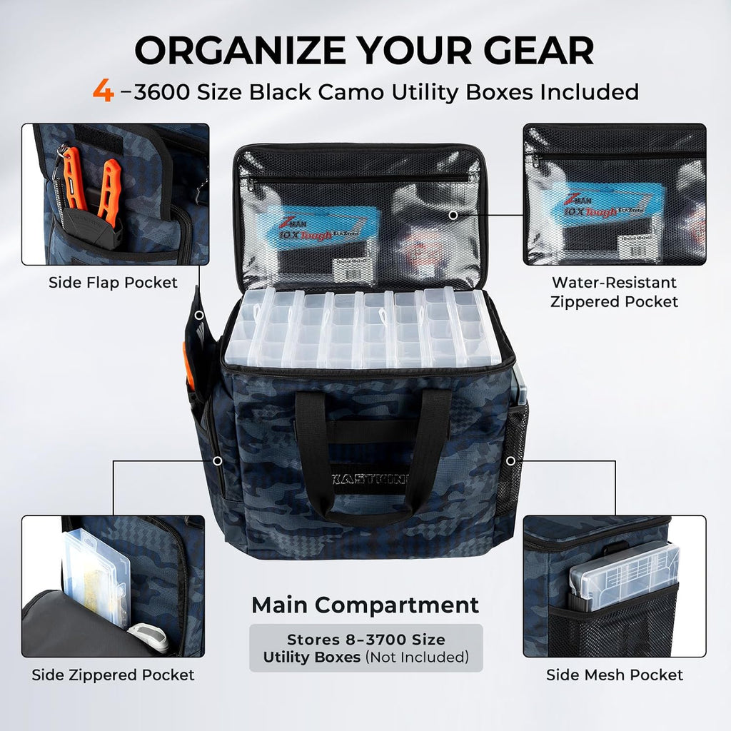 KastKing BaitSpace Tackle Bag with Removable Bait Binder, 4 Tackle Boxes