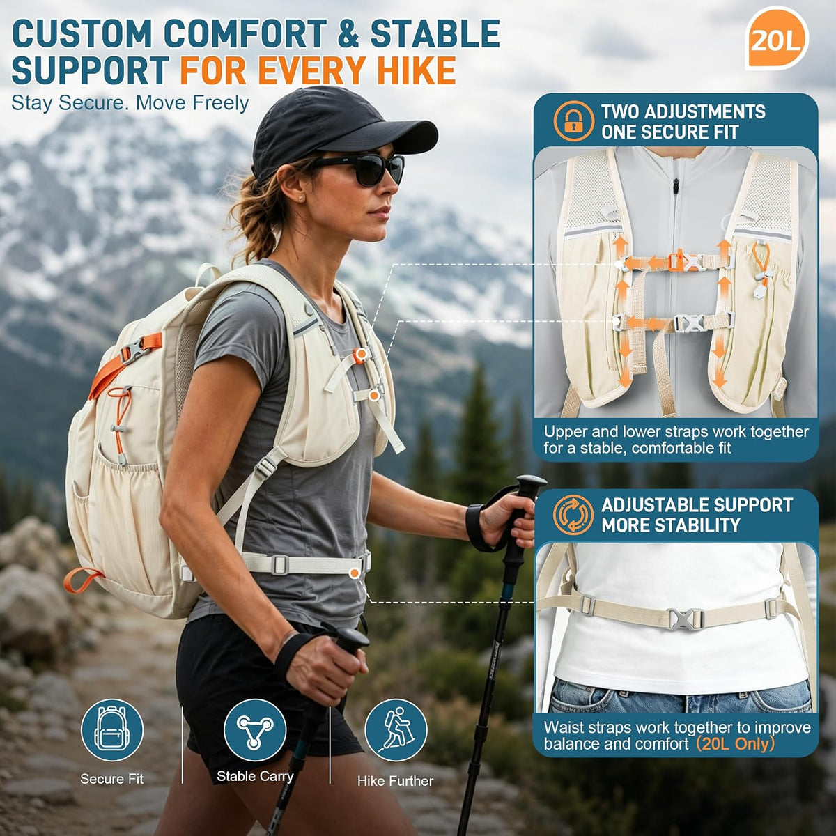 BECOJADDE 20L Hiking Backpack Lightweight Travel Backpacks Water-Resistant Daypack Fits Cycling Helmets for Men Women for Daily Outdoor Camping, Beige