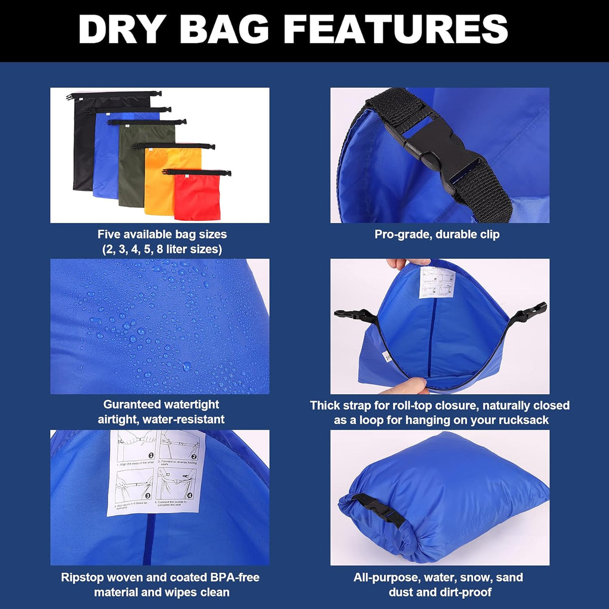 Dry Bags Waterproof Set, 5 Packs Ultralight Waterproof Bags Small Stuff Sack Water Proof Bag Dry Packs, Outdoor Dry Bag Keep Gear Dry for Backpacking Hiking Boating Camping Travel