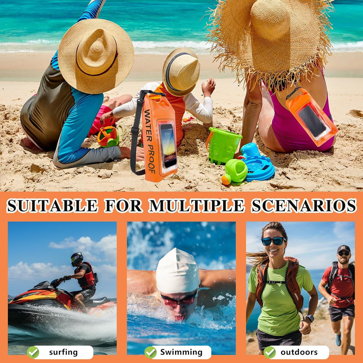 IP68 Waterproof Dry Bag, 2L - Roll Top Waterproof Pool Bag，Dry Bags for Kayaking Waterproof-w/Phone Pouch,Large Waterproof Phone Pouch,Boating & Kayak Accessories Camping (Orange 2L)