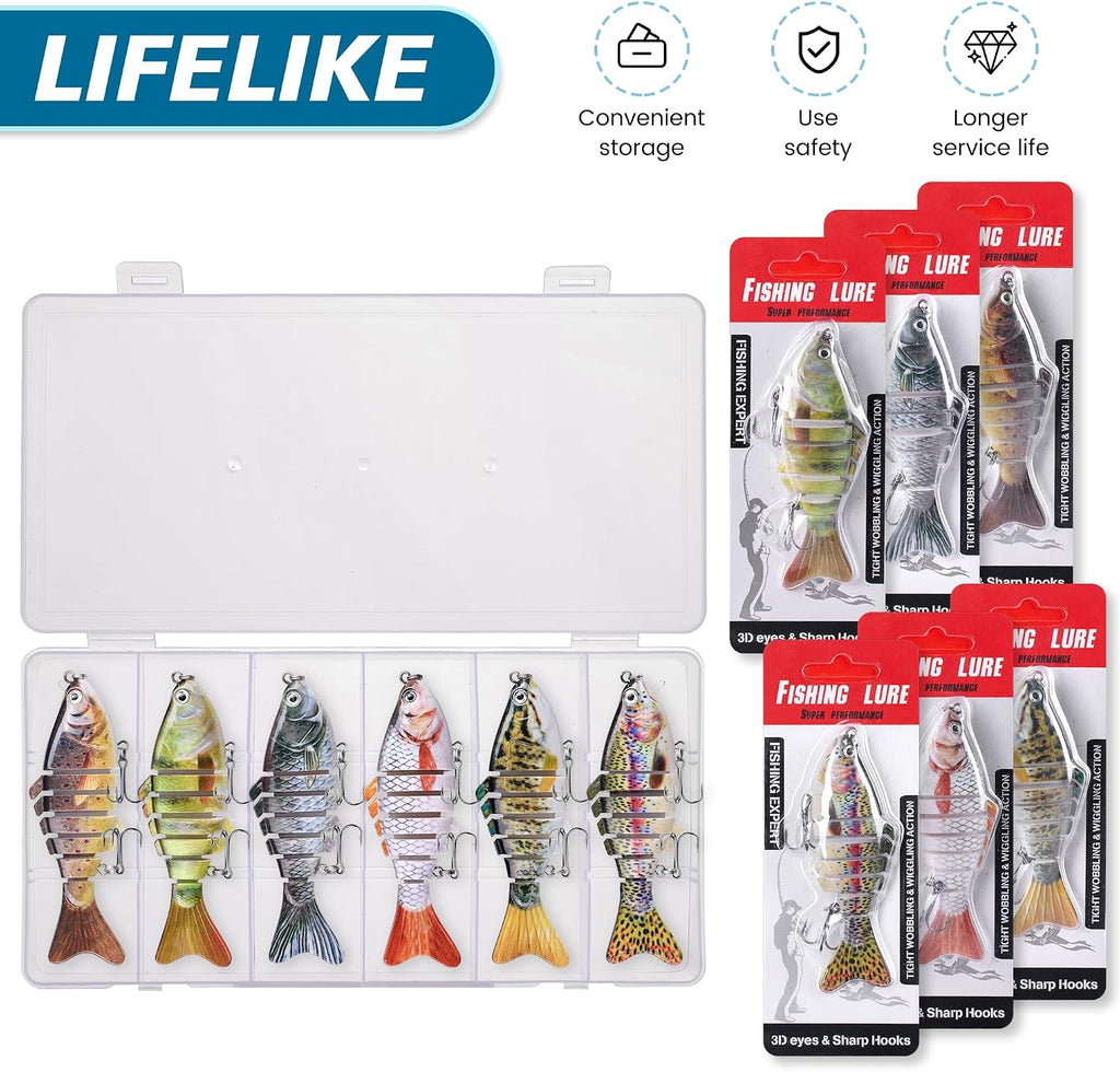 6PCS Fishing Lures for Freshwater and Saltwater with case,Slow Sinking Multi Jointed Swimbaits, Lifelike Lures for Bass Trout Crappie Walleye Pike