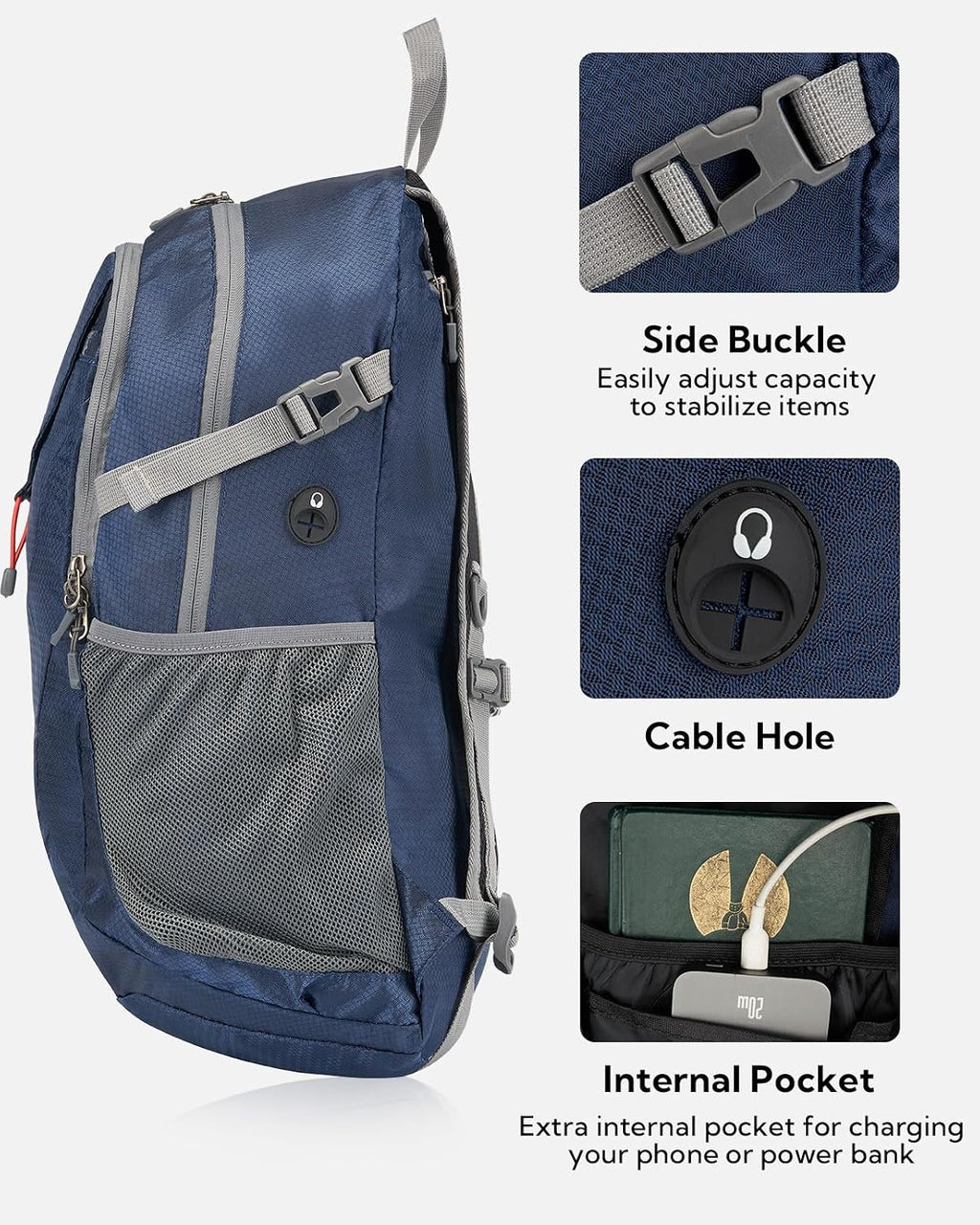 WATERFLY Lightweight Packable Hiking Backpack, 30L Day Pack Dark Blue