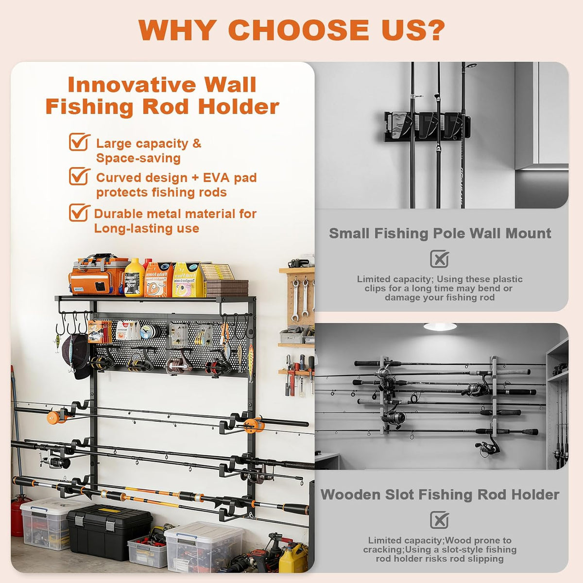 Olakee Wall Mount Fishing Rod Holder for Garage, Holds 6 Pole Rack