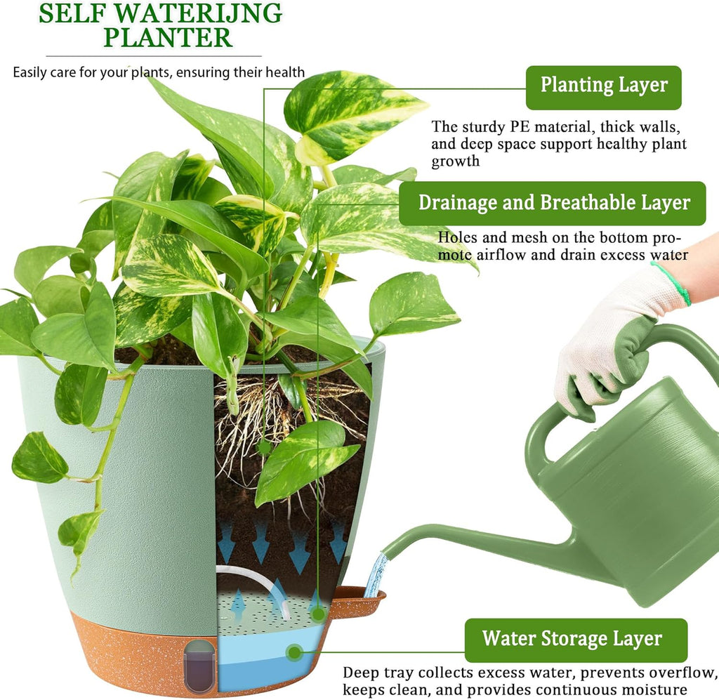 2 Pack 8 Inch Pots for Plants Indoor, Plastic Self Watering Planters