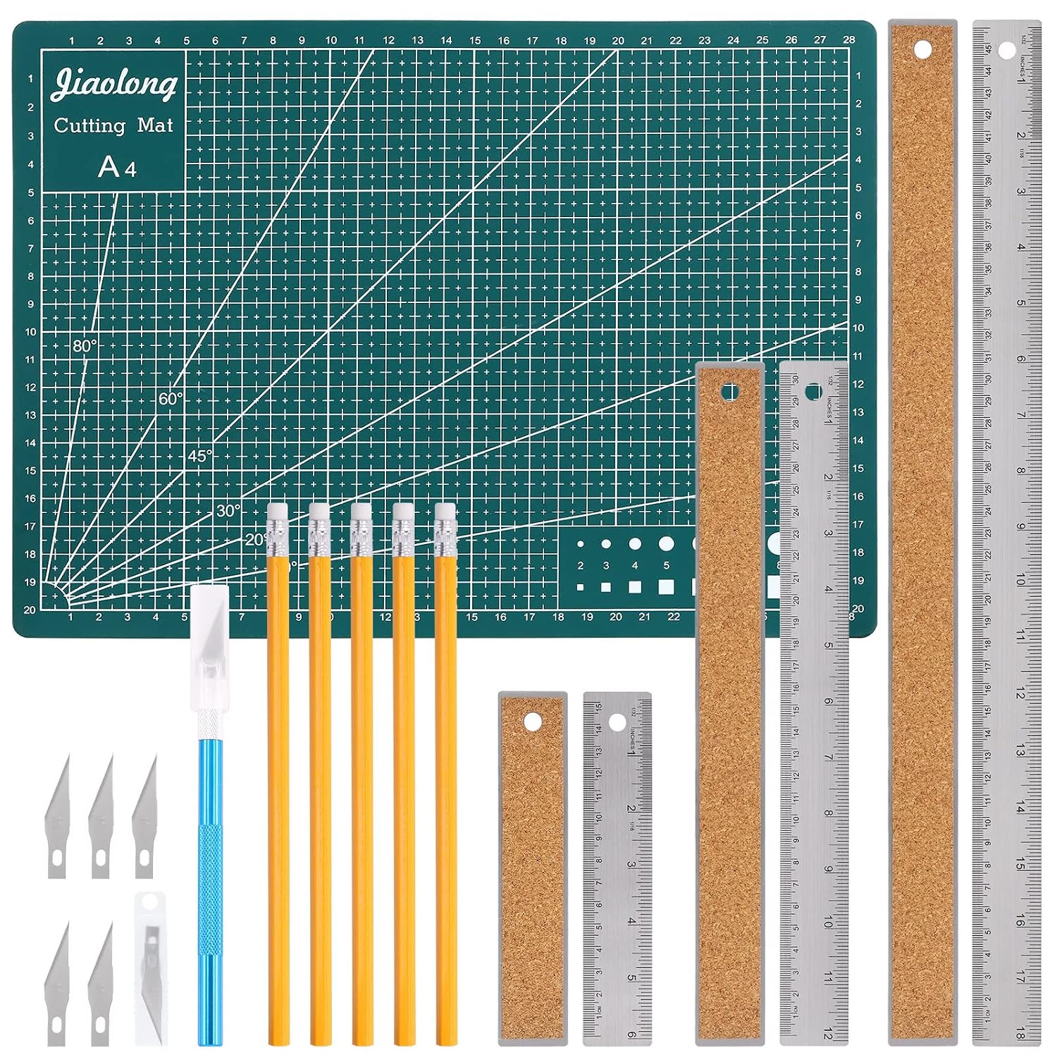 Tanstic 15Pcs 6" 12" 18" Stainless Steel Cork Back Metal Ruler, Non-Slip Cork Backing Rulers with Inch and Centimeters, Non Slip Straight Edge Ruler with Cutting Mat, Pencil, Craft Knife for Office