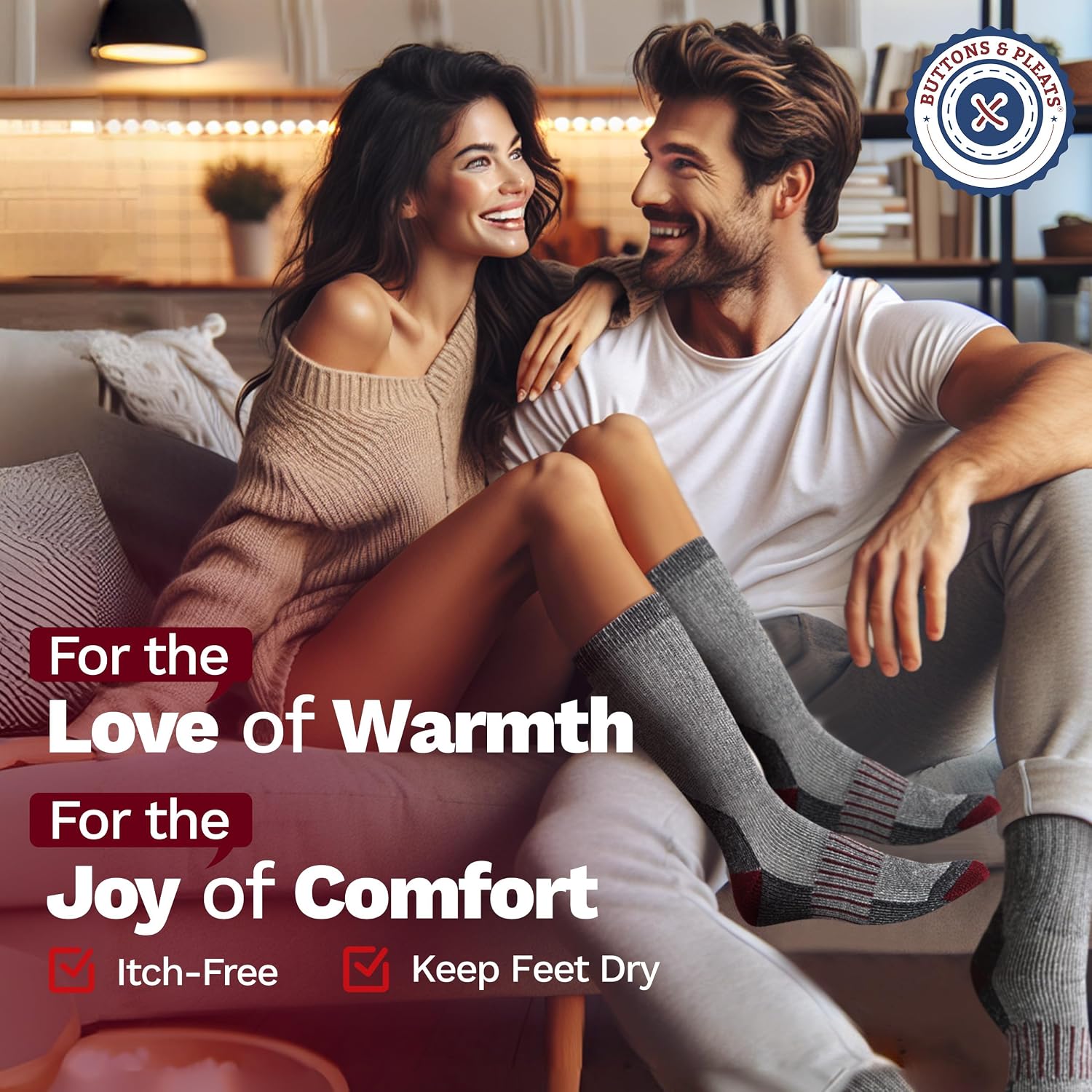 Buttons & Pleats Wool Socks for Men & Women Merino Thermal Warm Cozy Winter Boot Sock
