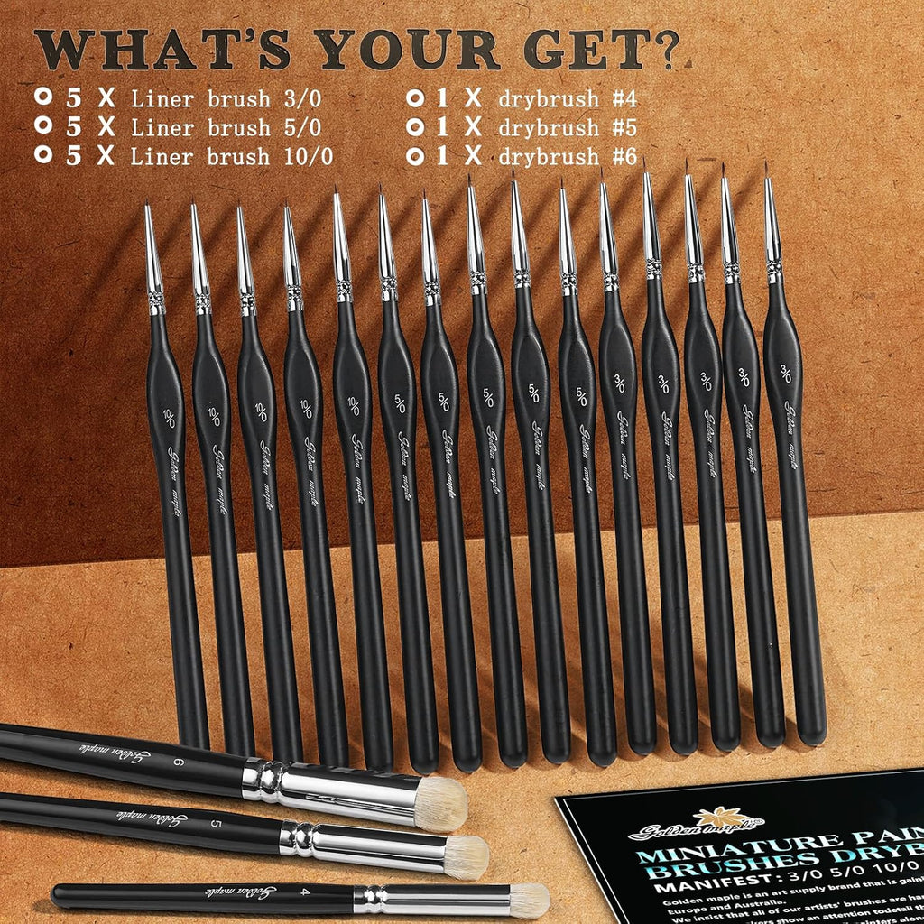 Golden Maple Model Paint Brushes Dry Brush - 18PC Large Dry Brush Set with Miniature Detail Paint Brush Set 3/0 5/0 10/0 for Effortless Miniature Painting, Model