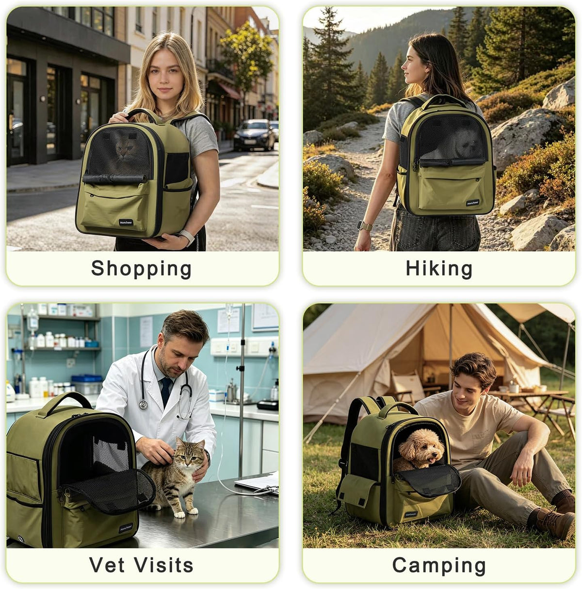Cat Carrier Dog Backpack Carrier with Anti-Collapse Bottom (Olive Green)