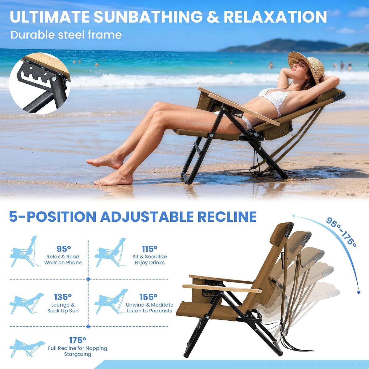 2 Pack Premium 5-Position Reclining Camping Chair - Portable Folding Lightweight Outdoor Chair with Wooden Armrests, Headrest & Pockets, 350lbs Heavy Duty for Beach, Patio, Backyard, Brown