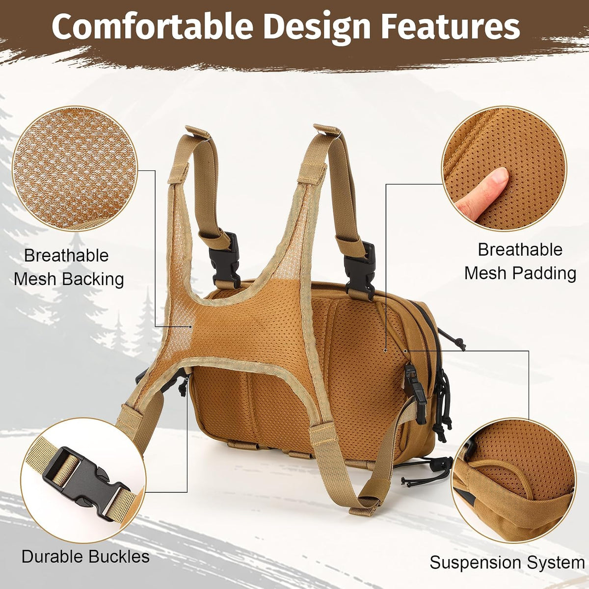 Fly Fishing Chest Pack Water Resistant Tackle Bag with MOLLE System, Detachable Hook Pouches, Adjustable Chest Straps for Stream Wade Fishing(Khaki)