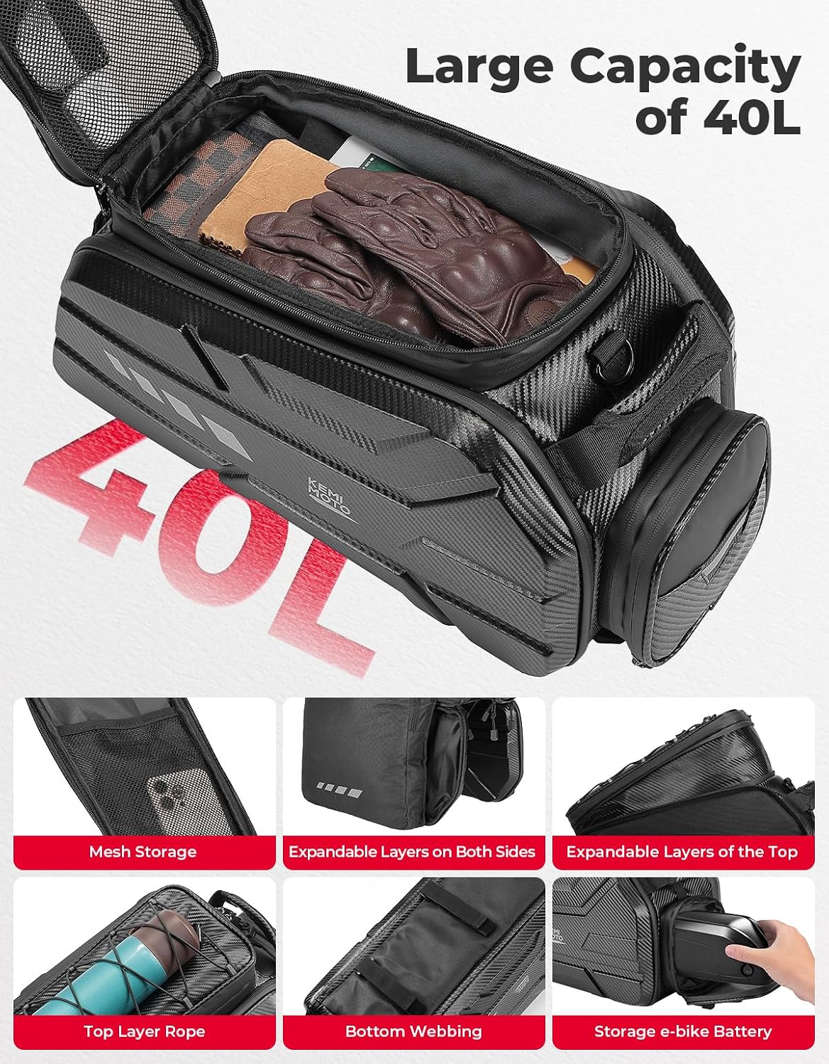 KEMIMOTO Ebike Rear Bike Rack Bags 40L, EVA Hard Shell Bag