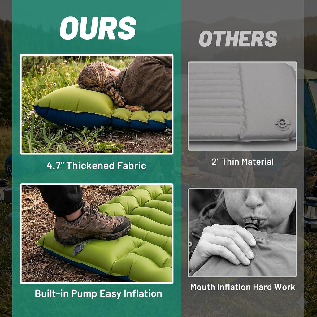Overmont Ultralight Camping Sleeping Pad with Pillow, Built-in Foot Pump
