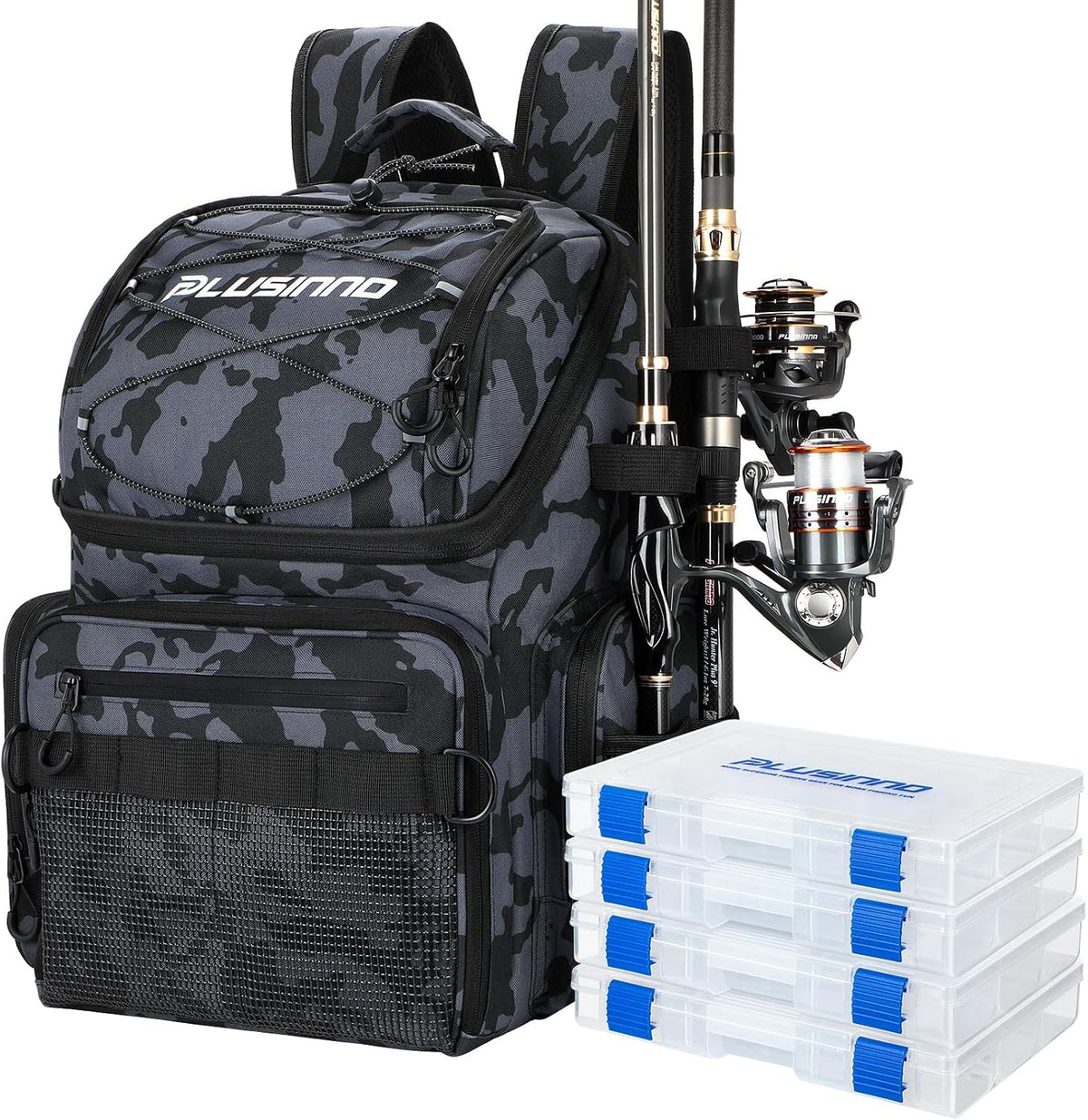 PLUSINNO Cooler Fishing Backpack with Rod Holders 45L Large Water-resistant Fishing Tackle bag Store Fishing Gear Fishing Gifts for Men Father