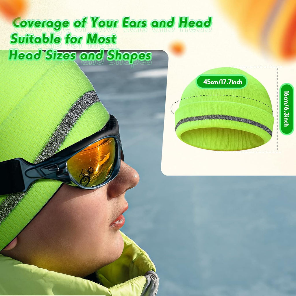 Reflective Knit Hat Safety Beanies Adult High Visibility Beanie Neon Winter Knit Caps with Reflective Stripe