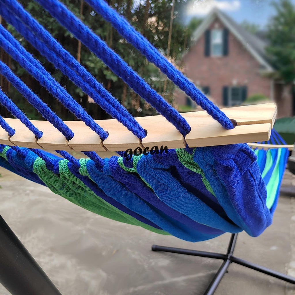 GOCAN Double Hammock 2 Person Large 220x160cm with Steel Stand and Removable Spreader bar Load 500lb, Canvas Cotton Hammocks for Patio Porch Garden Backyard Outdoor and Indoor, Blue