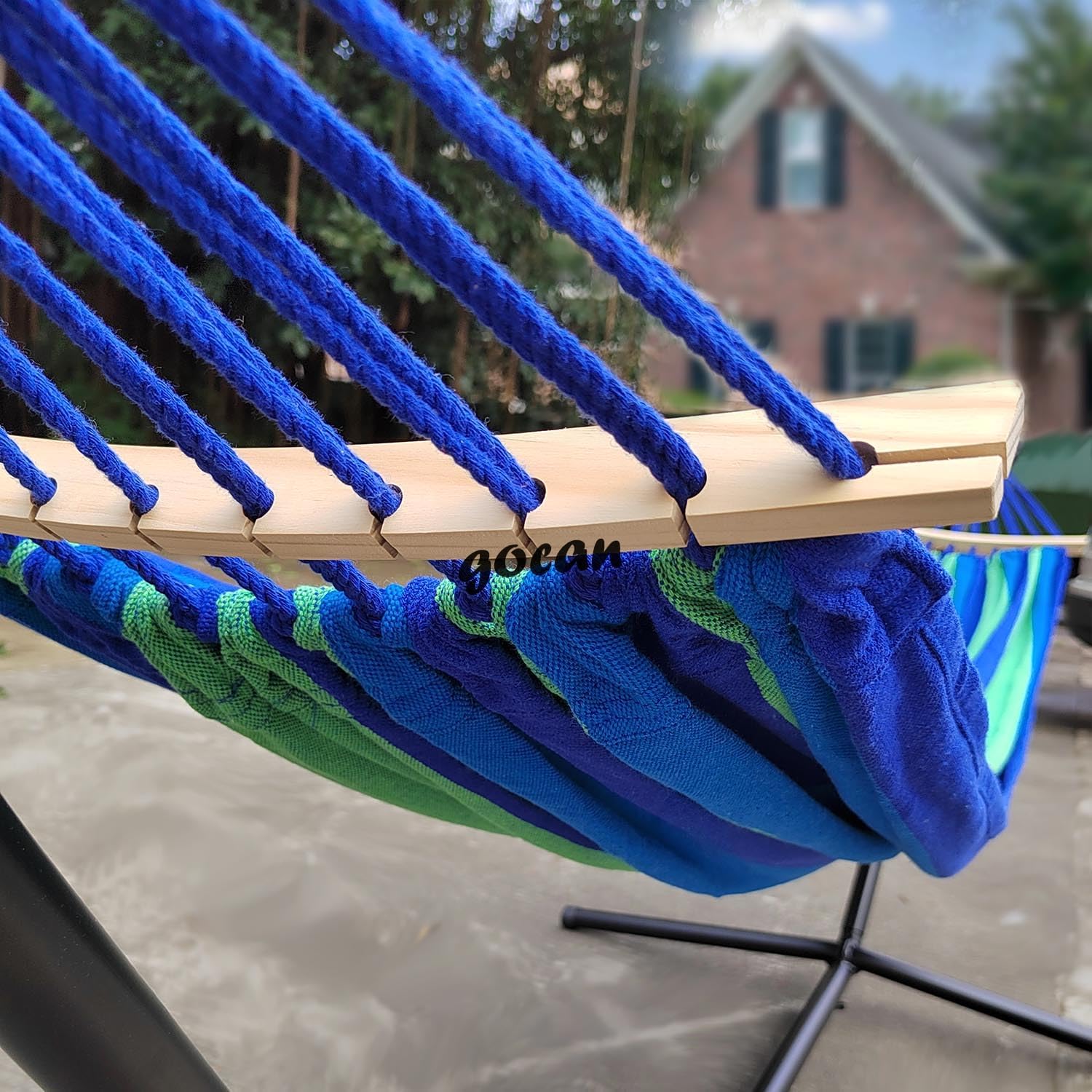 GOCAN Double Hammock 2 Person Large 220x160cm with Steel Stand and Removable Spreader bar Load 500lb, Canvas Cotton Hammocks for Patio Porch Garden Backyard Outdoor and Indoor, Blue