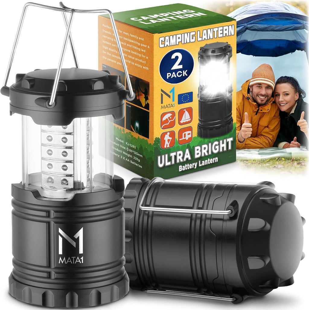 Mata1-USA LED Camping Lanterns (Black, 2 Pack), Emergency Lights for Power Outages, Long-Lasting Battery-Powered Lights w/ 3 Adjustable Brightness Levels, Collapsible Lamps for Indoor & Outdoor Use