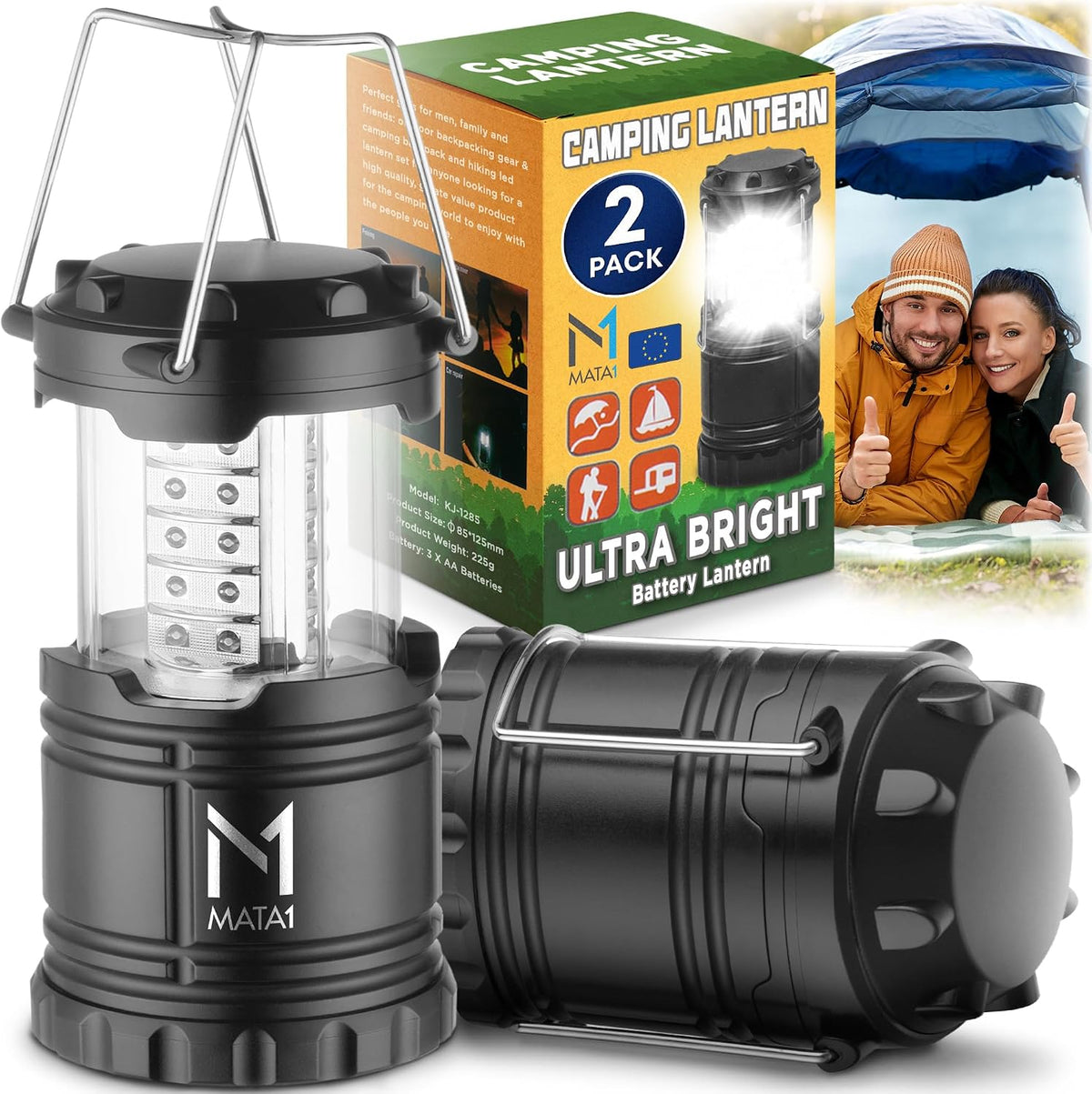 Mata1-USA LED Camping Lanterns (Black, 2 Pack), Emergency Lights for Power Outages, Long-Lasting Battery-Powered Lights w/ 3 Adjustable Brightness Levels, Collapsible Lamps for Indoor & Outdoor Use