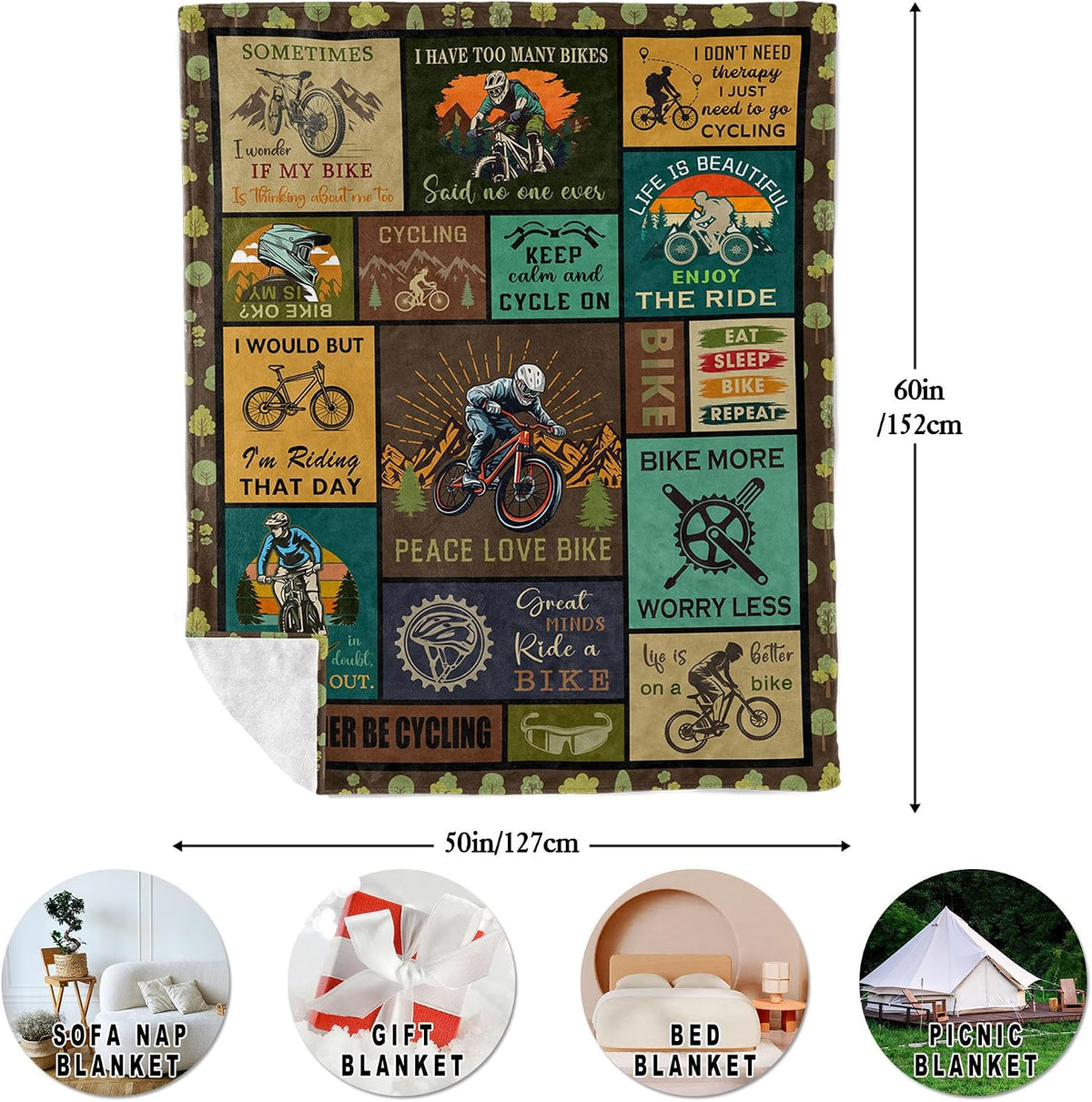 Bicycle Enthusiast Gift, Mountain Biking Blanket Throw 60"x50" for Men/Riders/Cyclists, Bike Themed Decorations